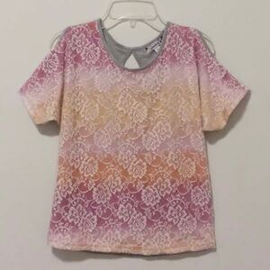 Girls L pink and orange ombré lace overlay T-shirt